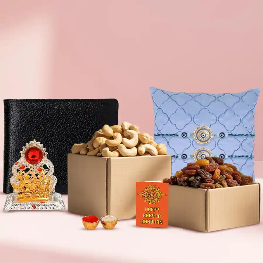 Trendy Dual Evil Eye Rakhi Gift Set including two Rakhis, an Antique Ganesh-Laxmi Mandap, a black leather wallet, and assorted dry fruits.