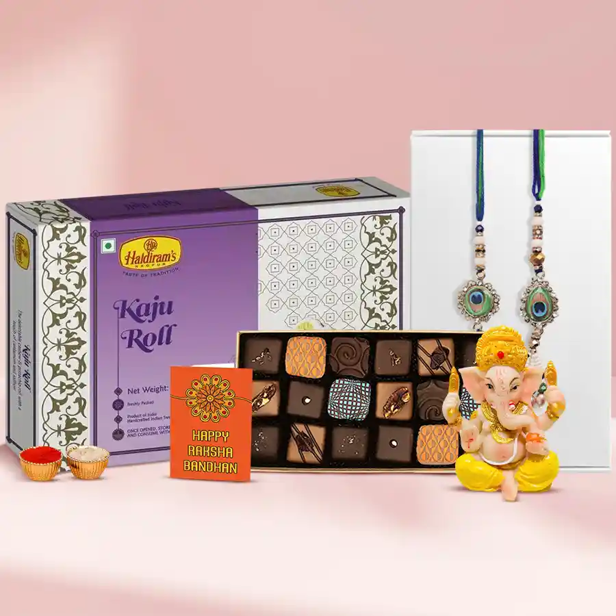 Floral Lumba Rakhi Set with chocolates, sweets, and a mini Lord Ganesha statue