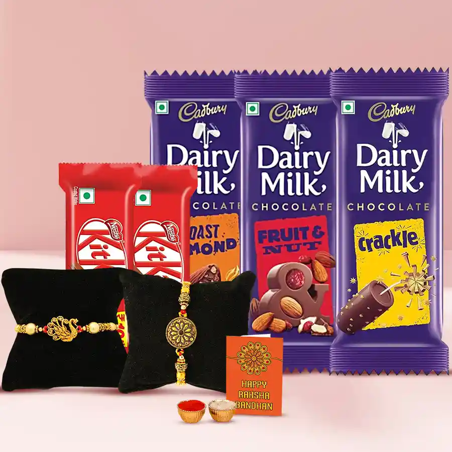 Pretty Golden Rakhi Pair with Assorted Chocolates in Bamboo Box