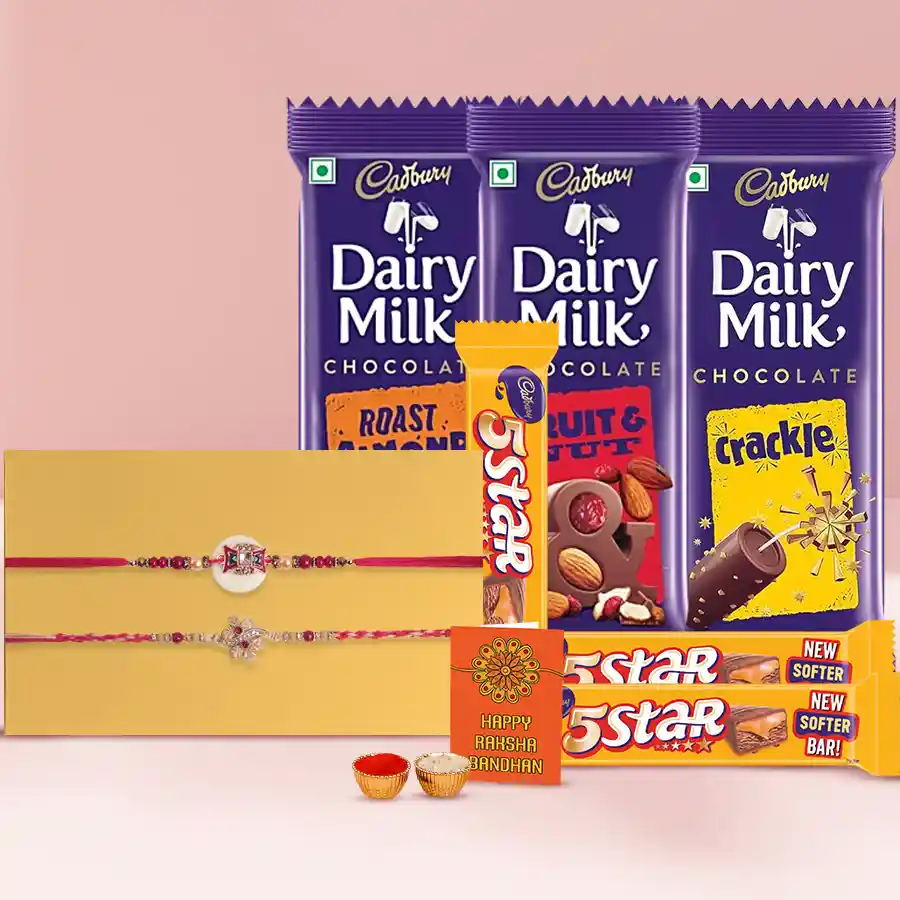 Pretty Stone Rakhi Pair with Cadbury Chocolates in a Bamboo Box