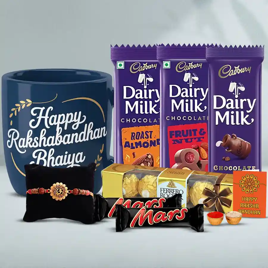 Trendy OM Bracelet Rakhi bundle with coffee mug, chocolate hamper, and gift box.