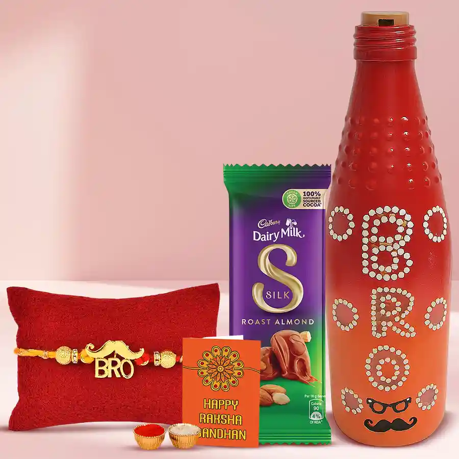 Fabulous Dot Mandala Art Table Lamp Gift Set with Tortoise Om Rudraksha Rakhi, Cadbury Silk chocolate, and traditional Roli Tika, Chawal, and personalized Rakhi card.