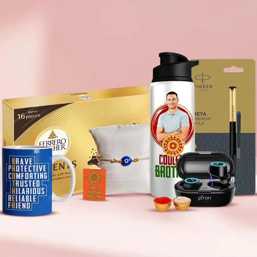 Cool Work From Home Rakhi Gift Hamper for Brother featuring an Evil's Eye Rakhi, personalized sipper bottle, Bluetooth earbuds, Parker Beta pen, coffee mug, and Ferrero Rocher chocolates