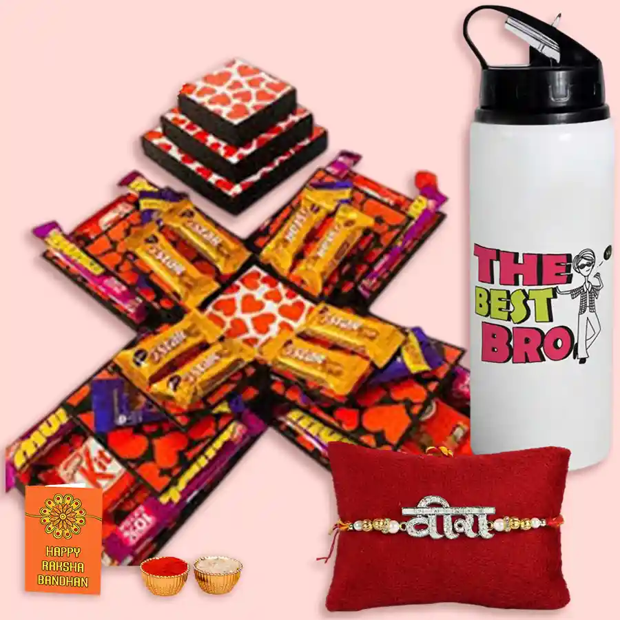 3-Layer Chocolate Explosion Box with assorted chocolates, personalized Bro Sipper Bottle, Veera Rakhi, Roli Teeka, Chawal, and heartfelt card, designed for Raksha Bandhan celebration.