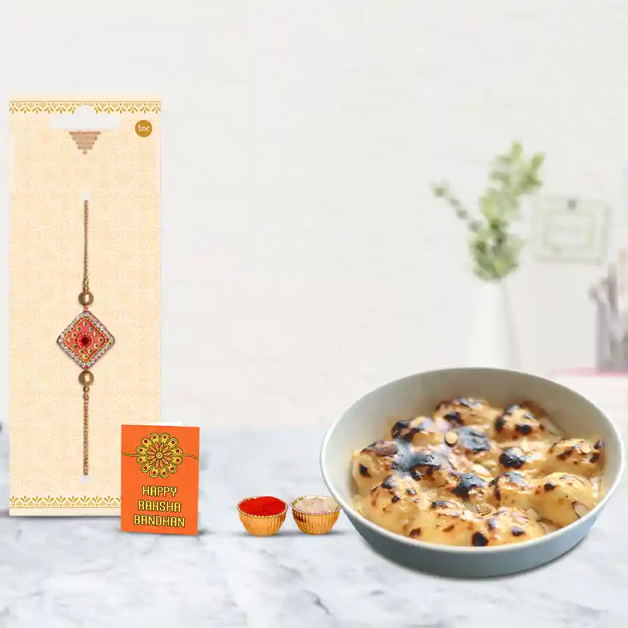 Balaram Mullick Baked Rasgullas with Golden Plated Rakhi, Rakhi Wishes Card, and traditional Roli, Tika, and Chawal