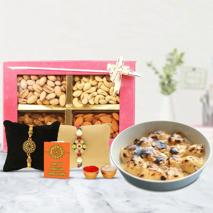 Yummy Rasgulla from Balaram Mullick with mixed dry fruits and traditional Twin Rakhi set