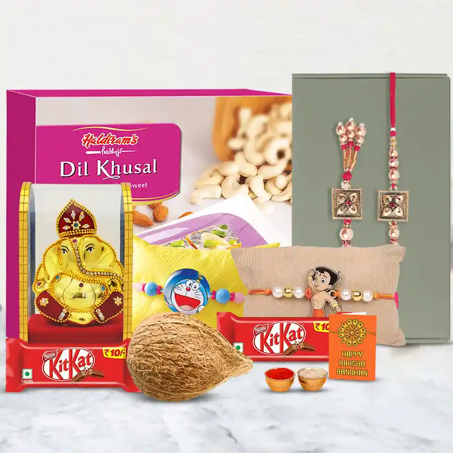 Divine Family Rakhi Set featuring designer Rakhis, Ganesh idol, Haldiram sweets, Nestle KitKats, dry coconut, roli chawal tika, and a greeting card