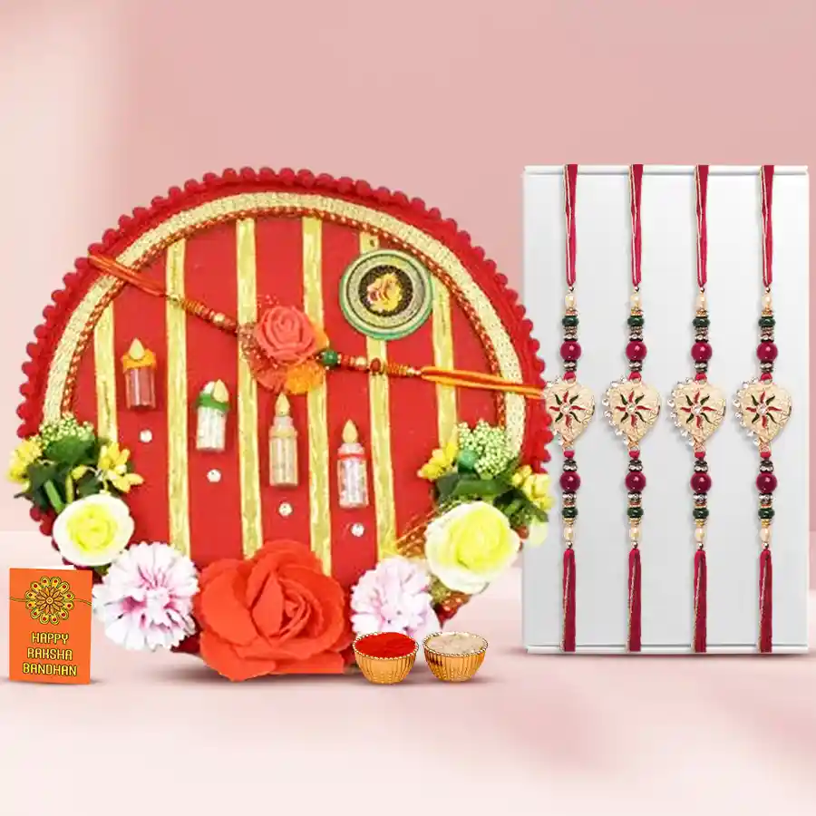 Flattering Stone Rakhi Set of 4 with Shree Rakhi Pooja Thali, including rakhis, pooja thali, rakhi message card, and Roli Chawal Tika.
