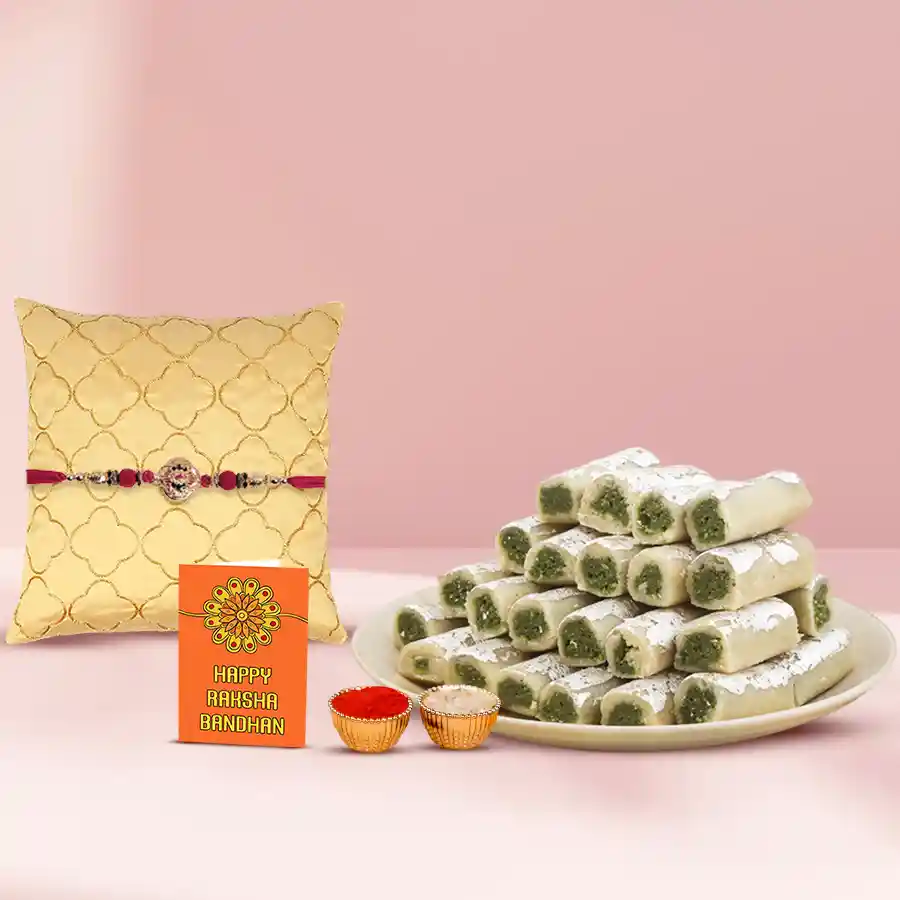 Trendy Rakhi set with 250g Haldiram Kaju Pista Meetha, complimentary Roli Tilak and Chawal, and a heartfelt card