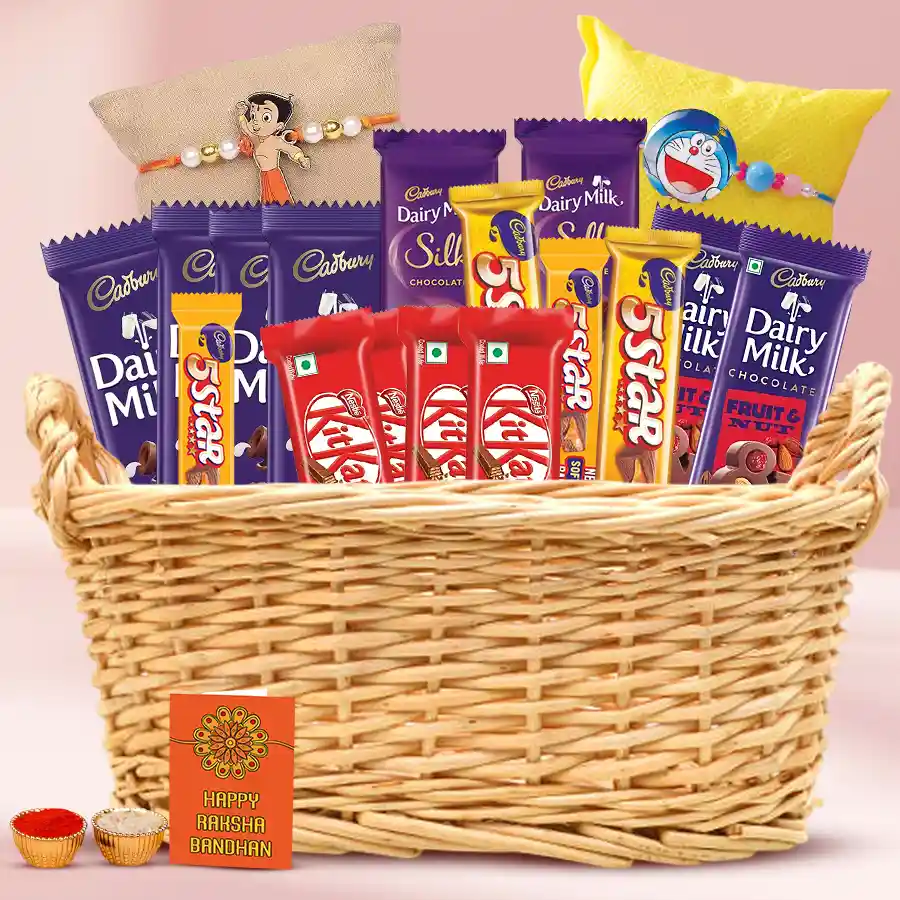Fabulous Rakhi Chocolate Treat basket with Cadbury Dairy Milk, Nestle Kit Kat, 5-Star bars, a cute Rakhi, Roli, Tilak, and Chawal arranged in a cane basket