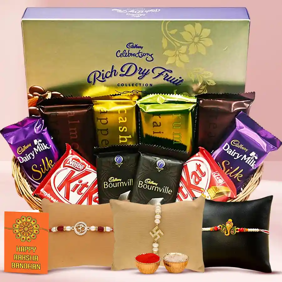 Chocolaty Fusions for Bhai gift basket featuring various chocolates, three Rakhis, and traditional items like Roli, Tika, and Chawal arranged in a stylish cane basket.