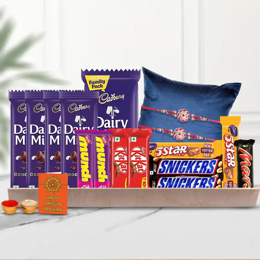 Best-Bro Rakhi and Chocolate Fantasy hamper featuring assorted chocolates, two stylish Rakhis, and a reusable wooden tray.