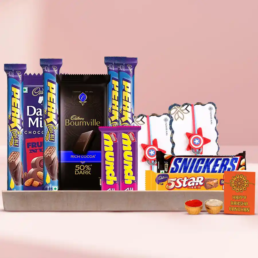 Kids Avenger Rakhi and Choco Mania pack with chocolates and themed rakhis displayed on a wooden tray