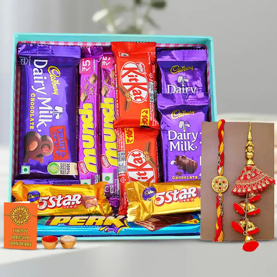 Choco Indulgence n Bhai-Bhabhi Rakhis basket with assorted chocolates and a premium rakhi set