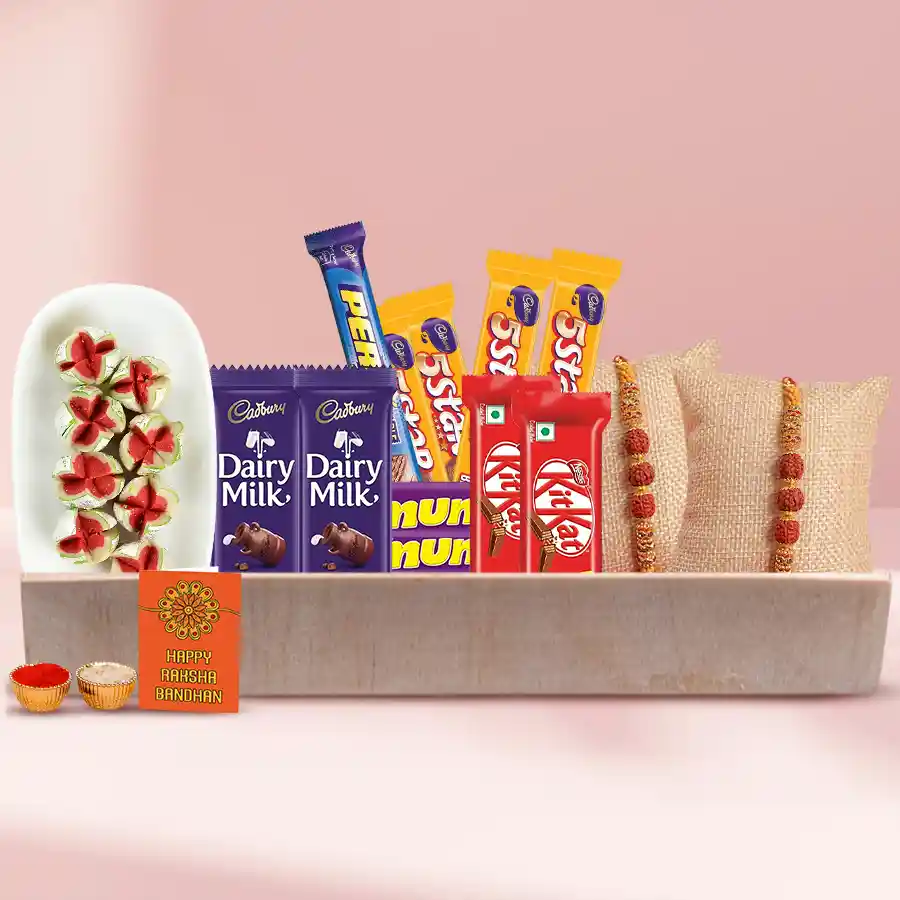 Rakhi Celebration Chocolate Fiesta gift box featuring an assortment of chocolates and a free Rakhi set with Roli, Tilak, and Chawal