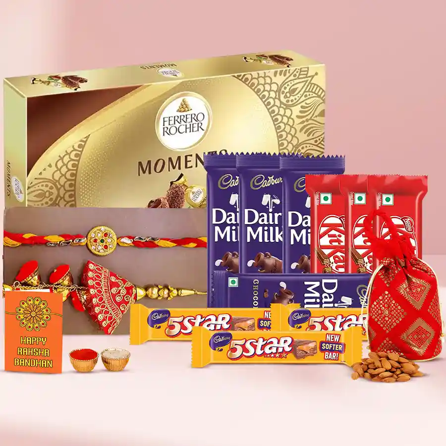 Drooling Chocolate n Lumba Set with assorted chocolates, almond potli, and stylish Bhaiya Bhabhi Rakhi along with Roli, Tika, and Chawal, beautifully packaged for Raksha Bandhan.