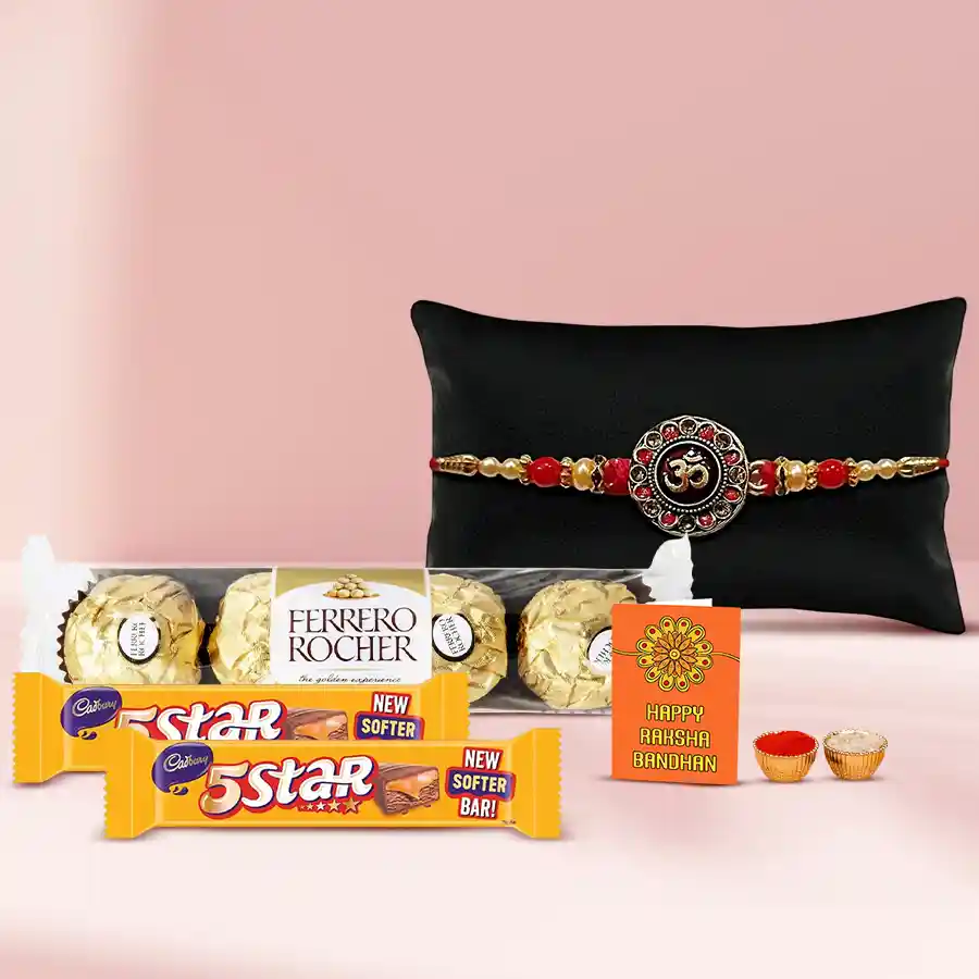 Om Rakhi Band with an assortment of chocolates including Ferrero Rocher and Cadbury 5-Star, accompanied by traditional Roli, Tilak, and Chawal.