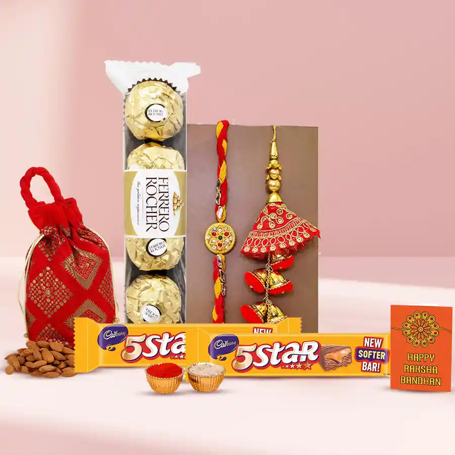 Groovy Chocolates n Bhai-bhabhi Rakhi set featuring Ferrero Rocher chocolates, Cadbury 5-Star bars, almond potli, and a traditional Rakhi with Roli Tika Chawal.