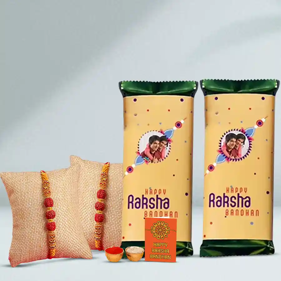 Personalized Cadbury Temptations gift box for Rakhi with chocolates, Rakhis, and traditional roli set