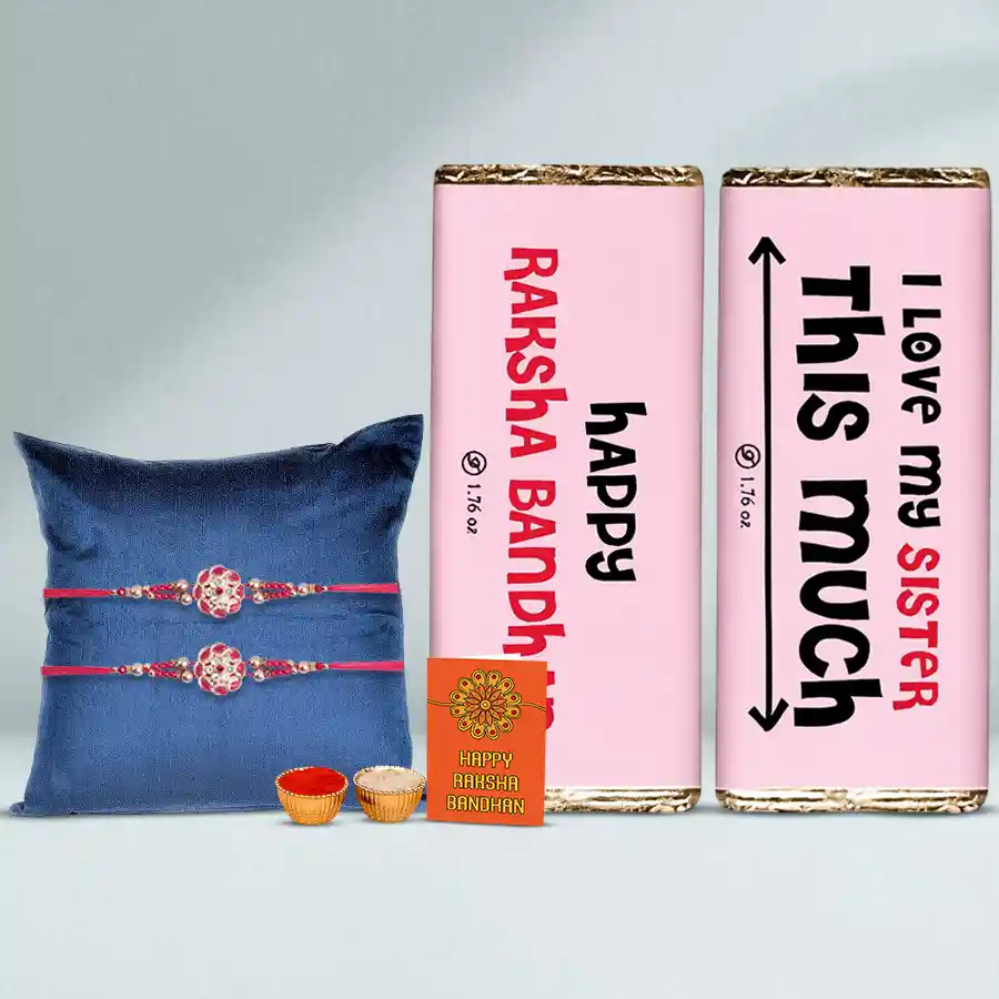 Personalized Rakhi Chocolate Combo with Cadbury bars, Fancy Rakhi Set, and traditional items for Raksha Bandhan celebration