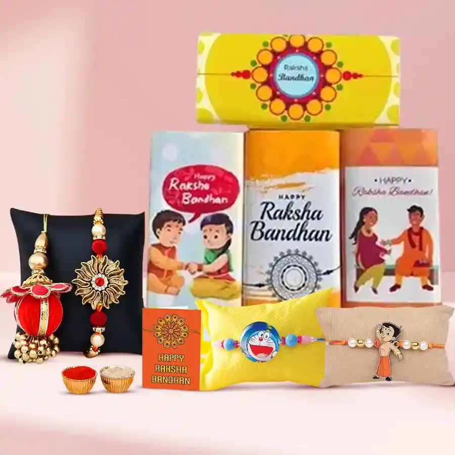 Personalized chocolate gift set for Raksha Bandhan featuring assorted Cadbury Silk bars, a Family Rakhi Set, a free Rakhi, and Roli Tika N Chawal.