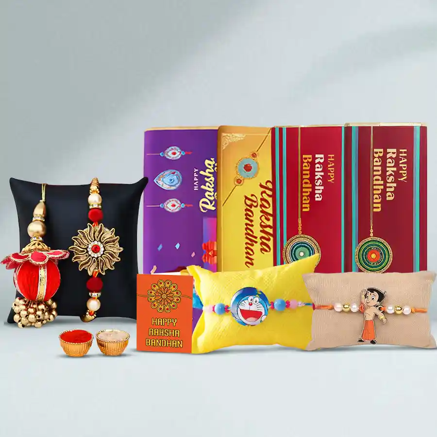Personalized Raksha Bandhan gift pack featuring Cadbury Dairy Milk chocolate bars, Bhaiya & Bhabhi Rakhi, Kids Rakhi, and traditional Roli, Tika, and Chawal.