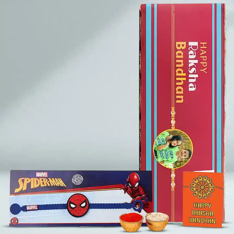 Personalized Rakhi gift set including a custom Cadbury Silk chocolate bar, Spiderman Rakhi, extra Rakhi, and traditional Roli, Tika, and Chawal.