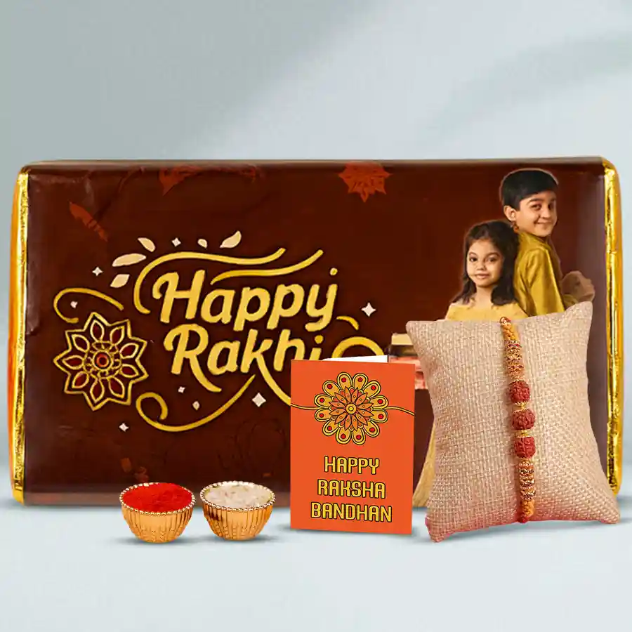 Personalized Heart Winning Combo for Raksha Bandhan featuring customized Nestle Kit Kat Chocolate, a Rudraksha Rakhi, and complimentary Roli, Tika, and Chawal.