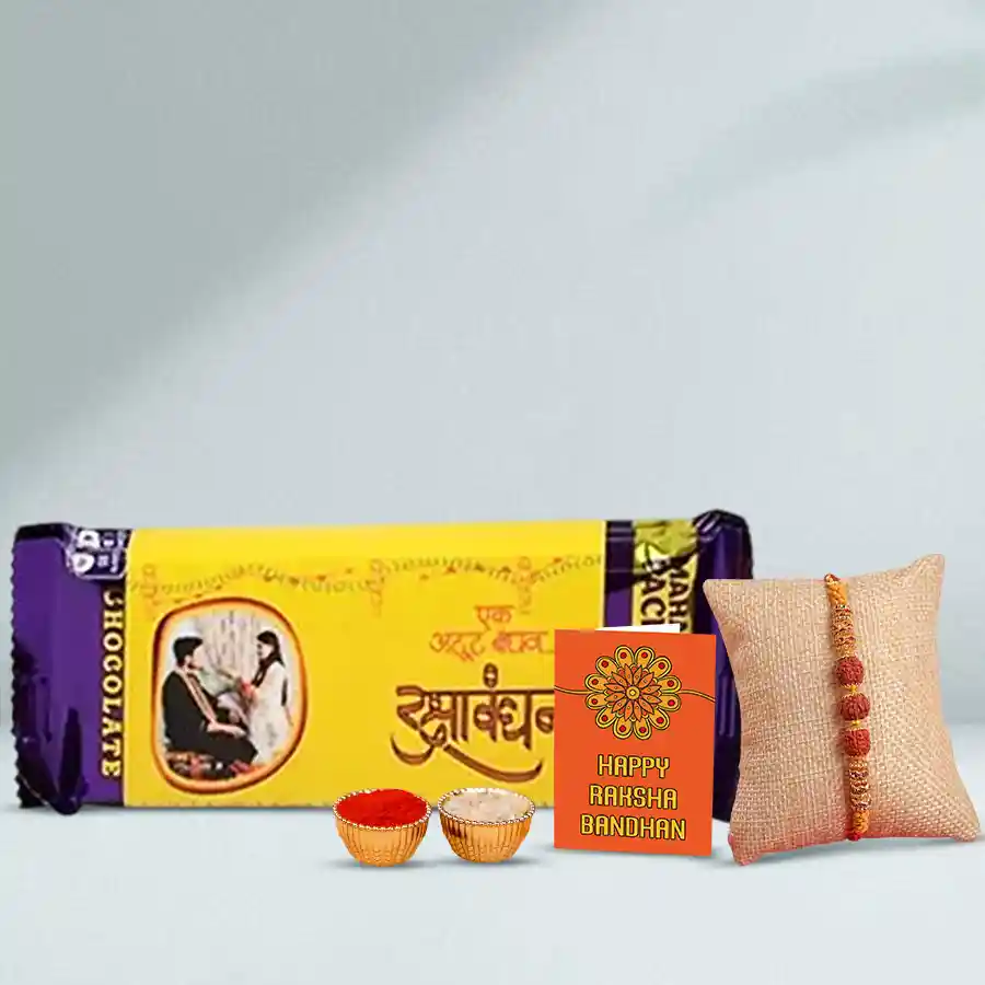 Unbreakable Personalized Chocolaty Bond Rakhi set with Cadbury Dairy Milk, Rudraksh Rakhi, Roli, Tika, Chawal, and greetings card