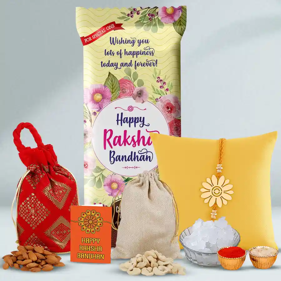 Metal Rakhi and Personalized Chocolaty Tango combo with Cadbury Dairy Milk, almond and cashew potlis, Roli, Tilak, and Chawal