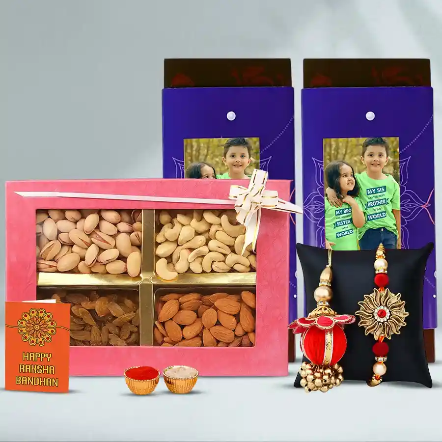Binge-on Personalized Chocolates and Lumba Rakhi set featuring customized Cadbury Temptation Almond Chocolate Bars, assorted dry fruits, and a Bhaiya-Bhabhi Rakhi with additional Rakhi accessories.