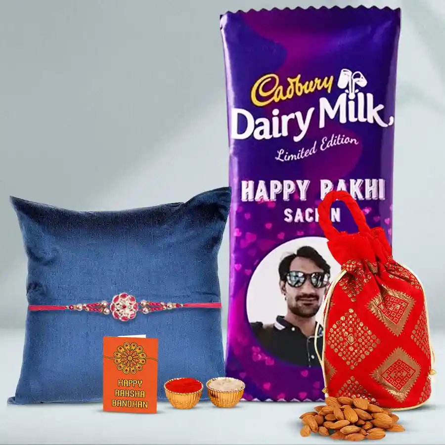 Festive Rakhi with personalized chocolates, including Photo Cadbury Silk, Almond Potli, and premium Rakhi accessories.