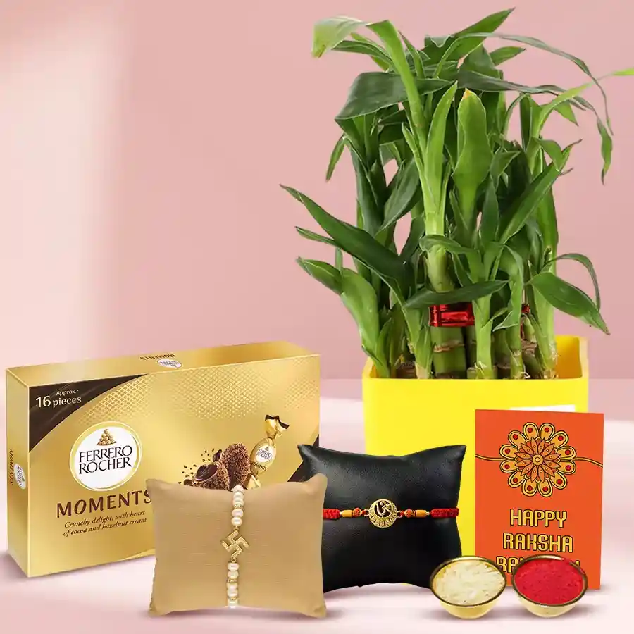 Festive 2-Tier Bamboo Plant with two Rakhis and Ferrero Rocher chocolates, accompanied by Roli, Tilak, and Chawal on a decorative surface.