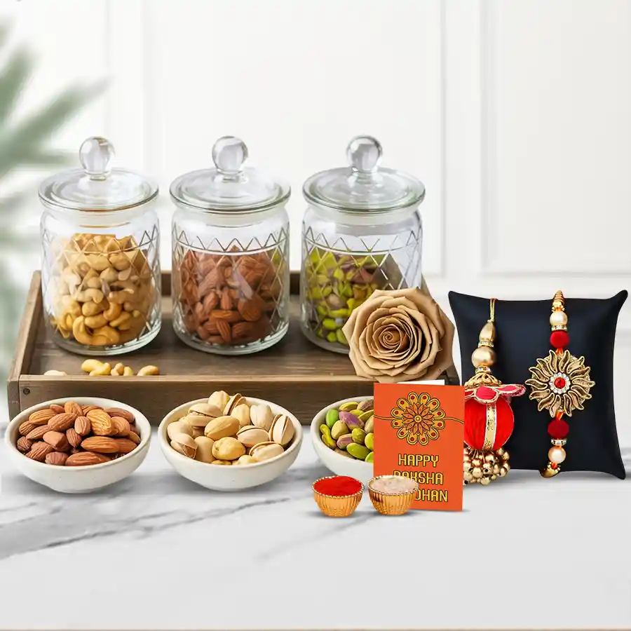 Basking Glory Couple Rakhi n Dry Fruits Jars