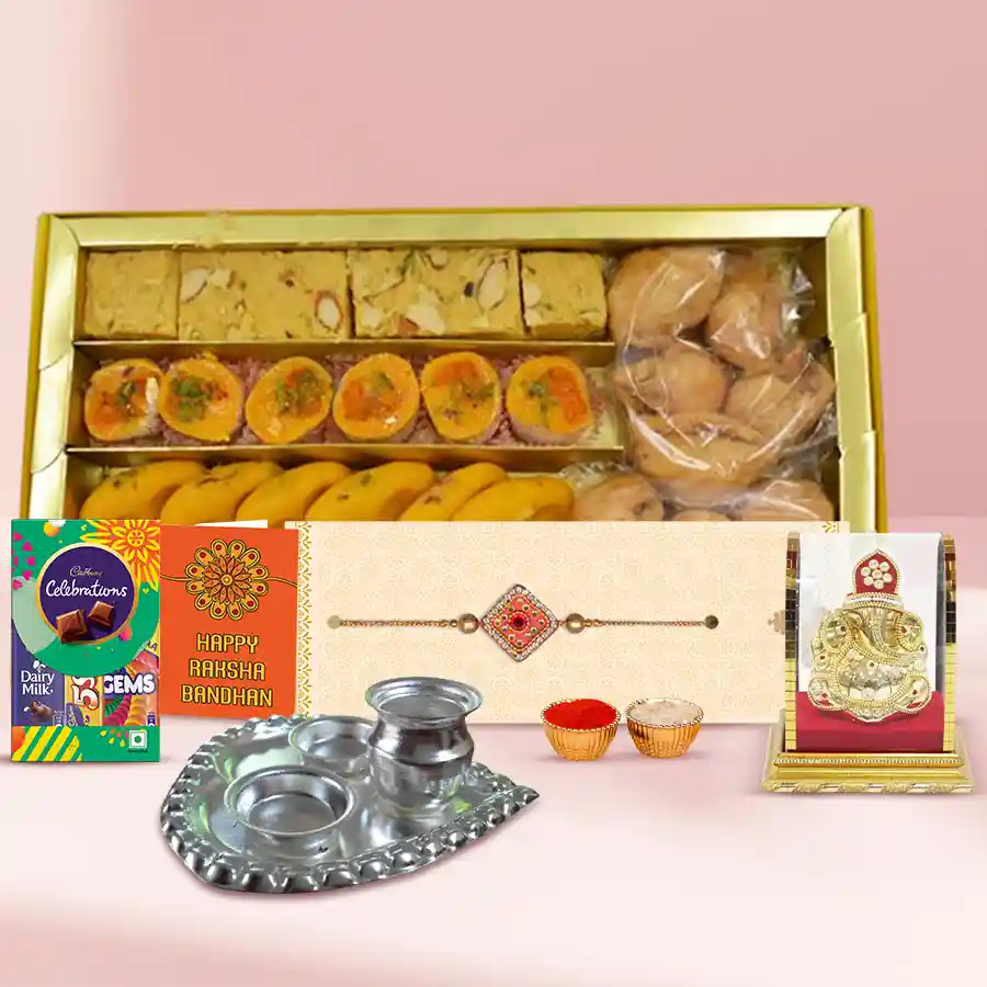 Sacred Trio-Sweets n Rakhi with Card