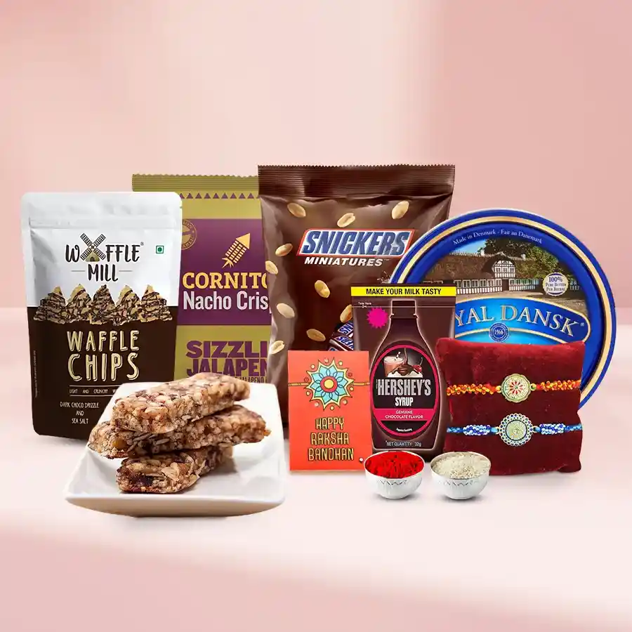 Munchy Delight Snack Hampers with Fancy Rakhi Pair