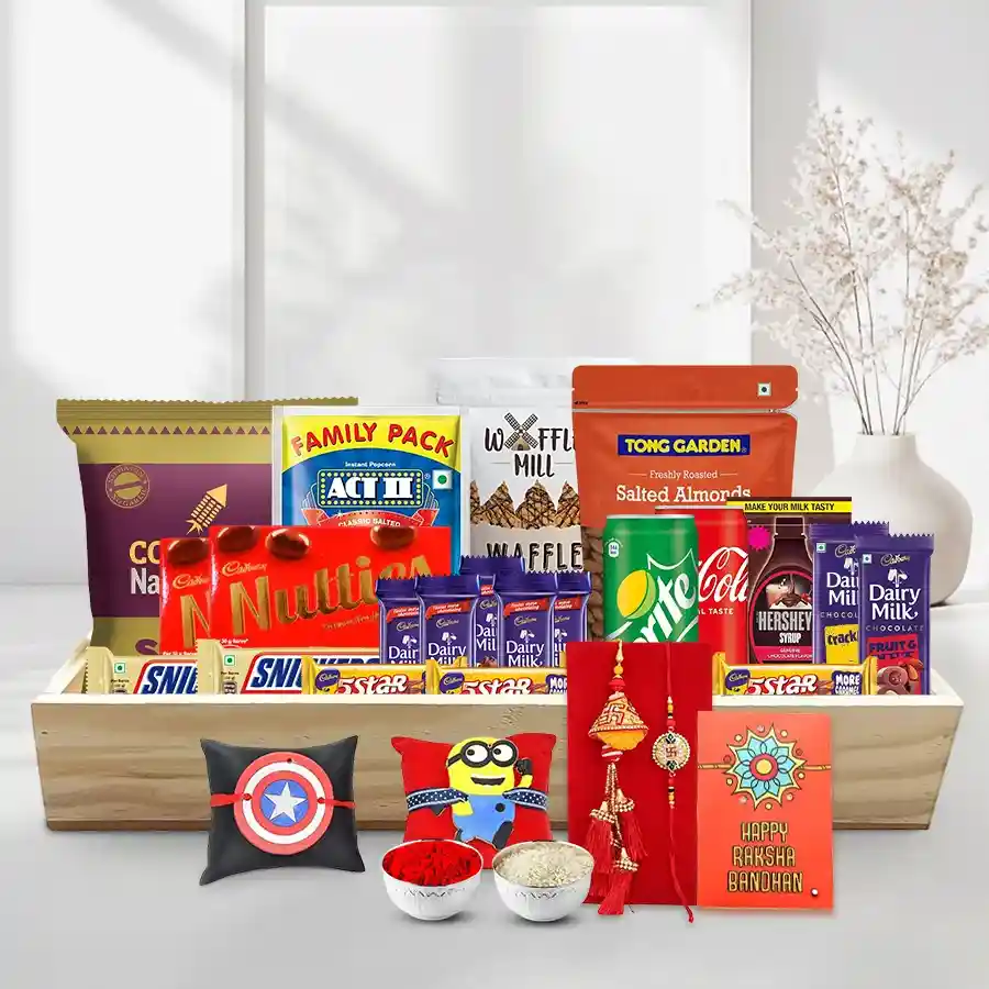 Wholesome Snack Time Food Baskets n Family Rakhi Combo
