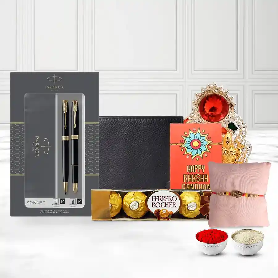 Stone Rakhi with Leather and Parker Gift