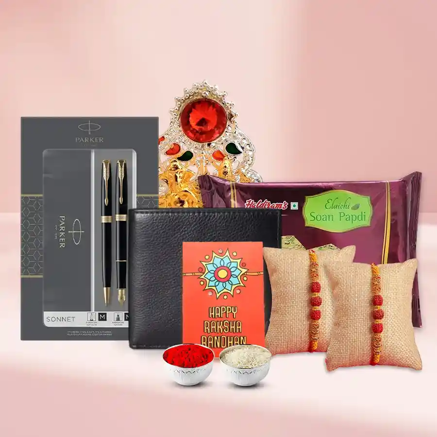 Dual Rudraksha Rakhi N Leather Wallet with Parker Pen Gift Set