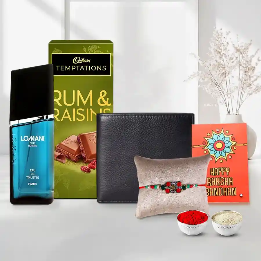 Designer Rakhi with Lomani Pour Perfume n Leather Wallet