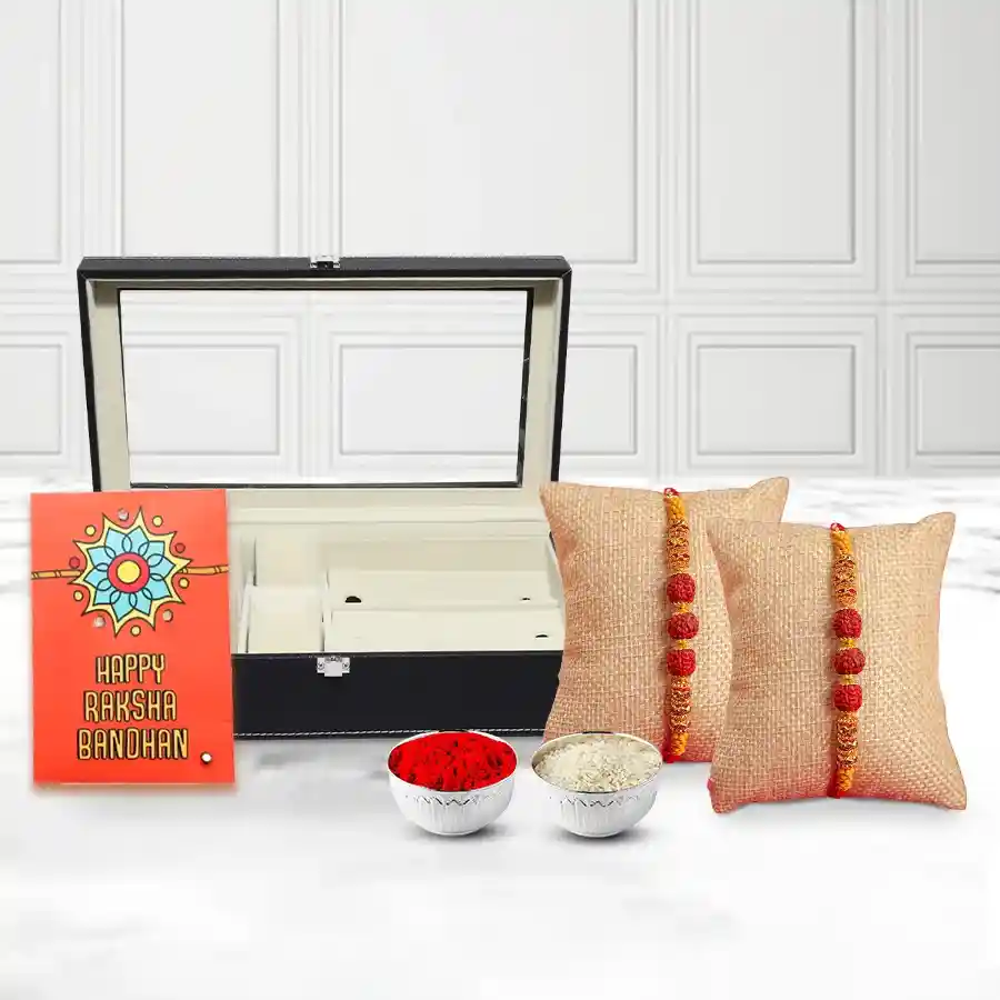 Sleek Watch Storage Box with Twin Rudraksha Rakhi