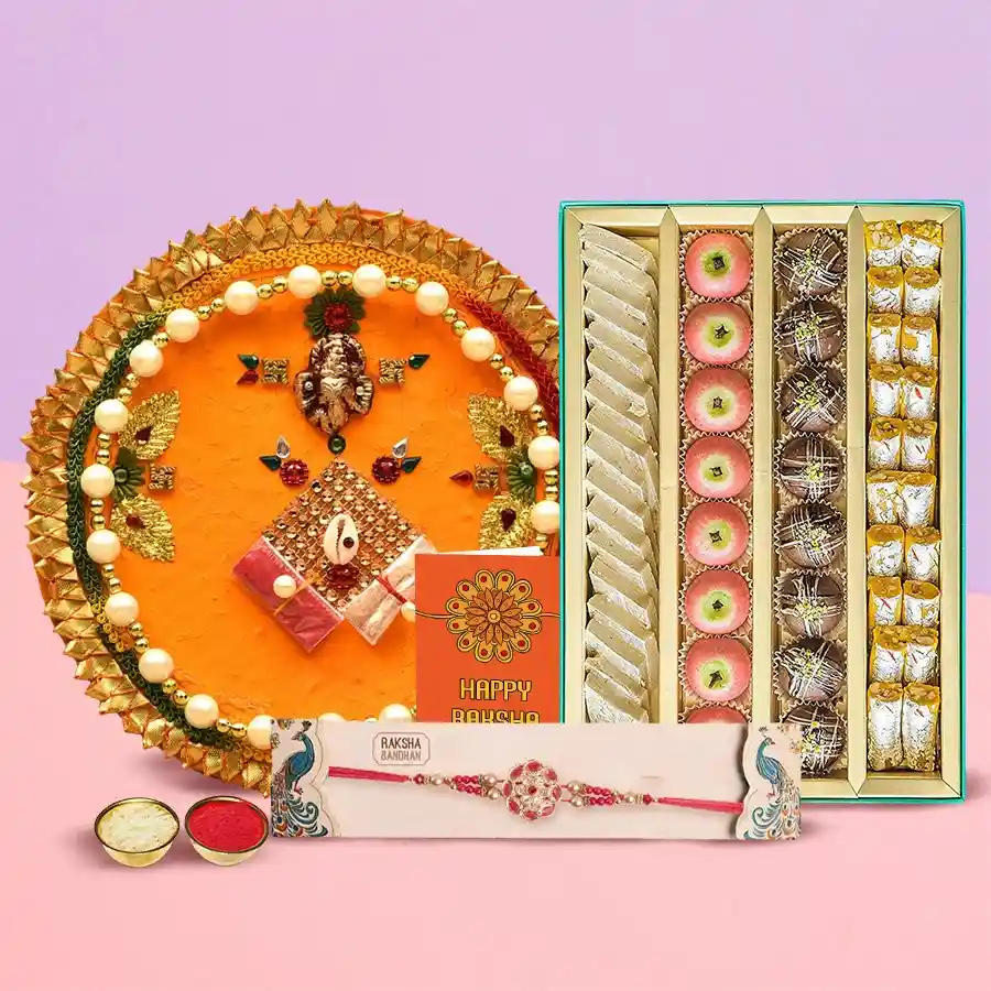 Pooja Thali with Haldiram Assorted Sweets and Rakhi