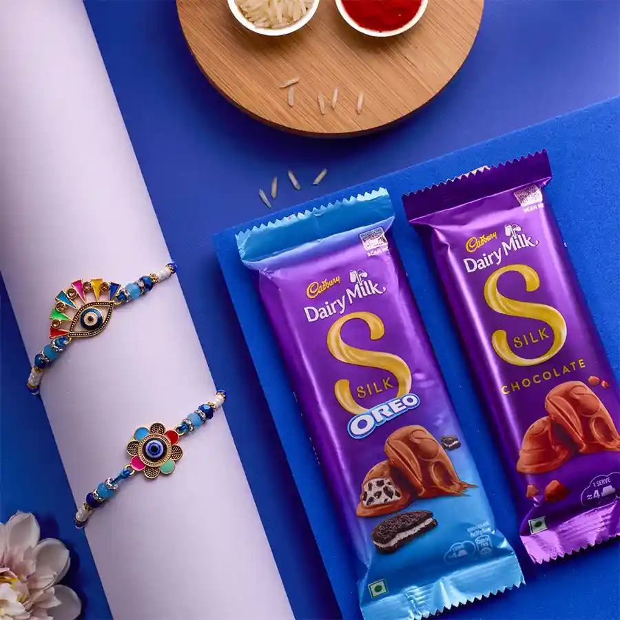 Exclusive Evil Eye Rakhi Set N Cadbury Silk Combo
