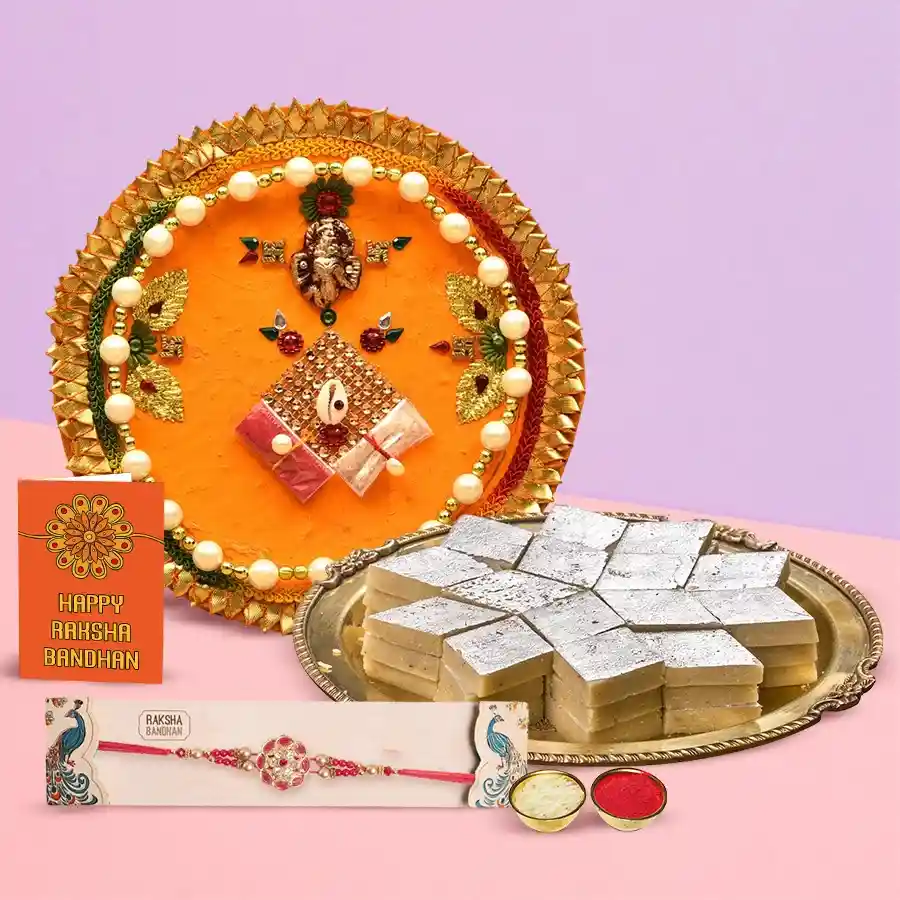 Arresting Gift of Appetizing Kaju Katli Haldirams Sweet and Wonderful Pooja Thali