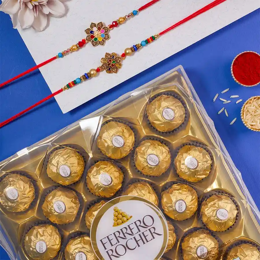 Fancy Floral Kundan Rakhi N Rocher Combo