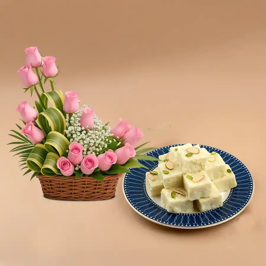 Pink roses bouquet with Kalakand sweets, perfect gift combo