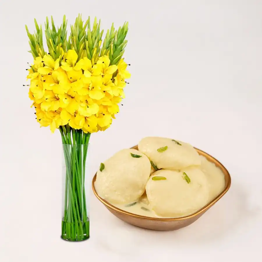 A bouquet of ten yellow gladiolus in a glass vase, paired with ten pieces of Rosomalai dessert.