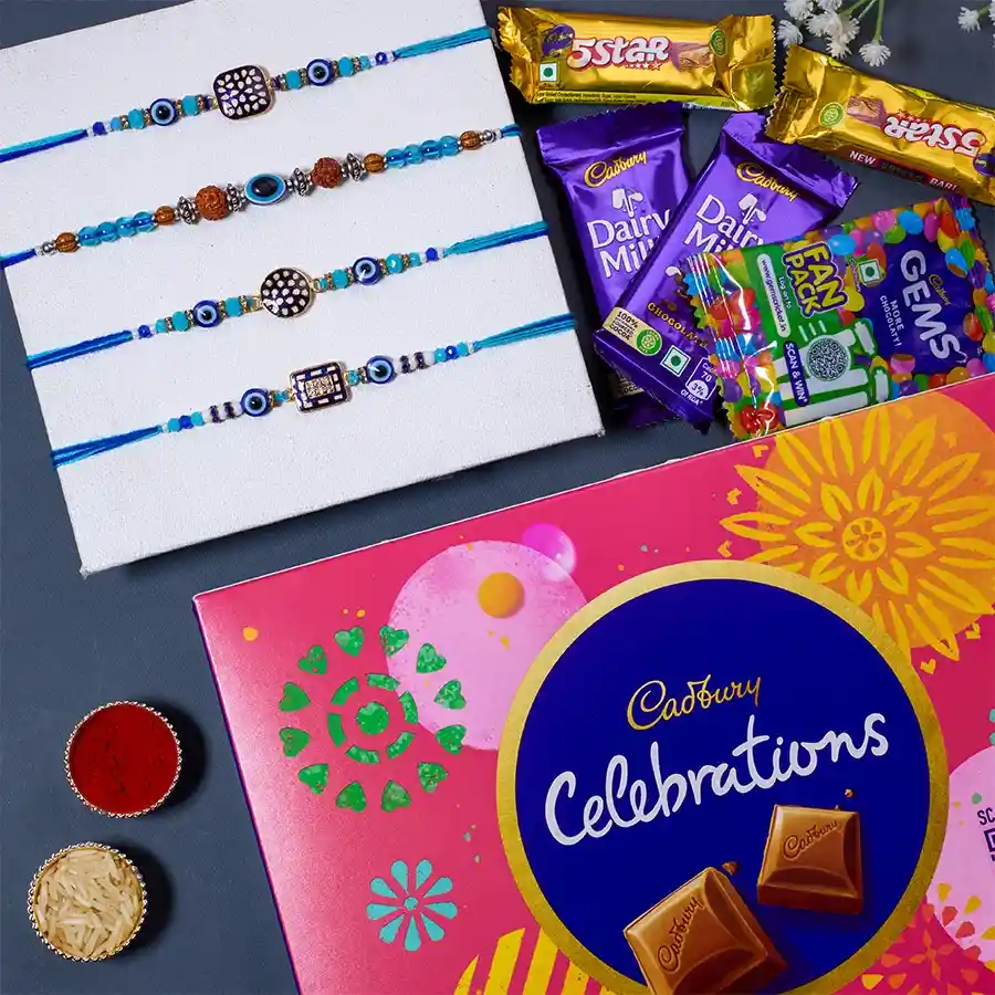 Designer Evil Eye Rakhi Set N Cadbury Celebrations Combo