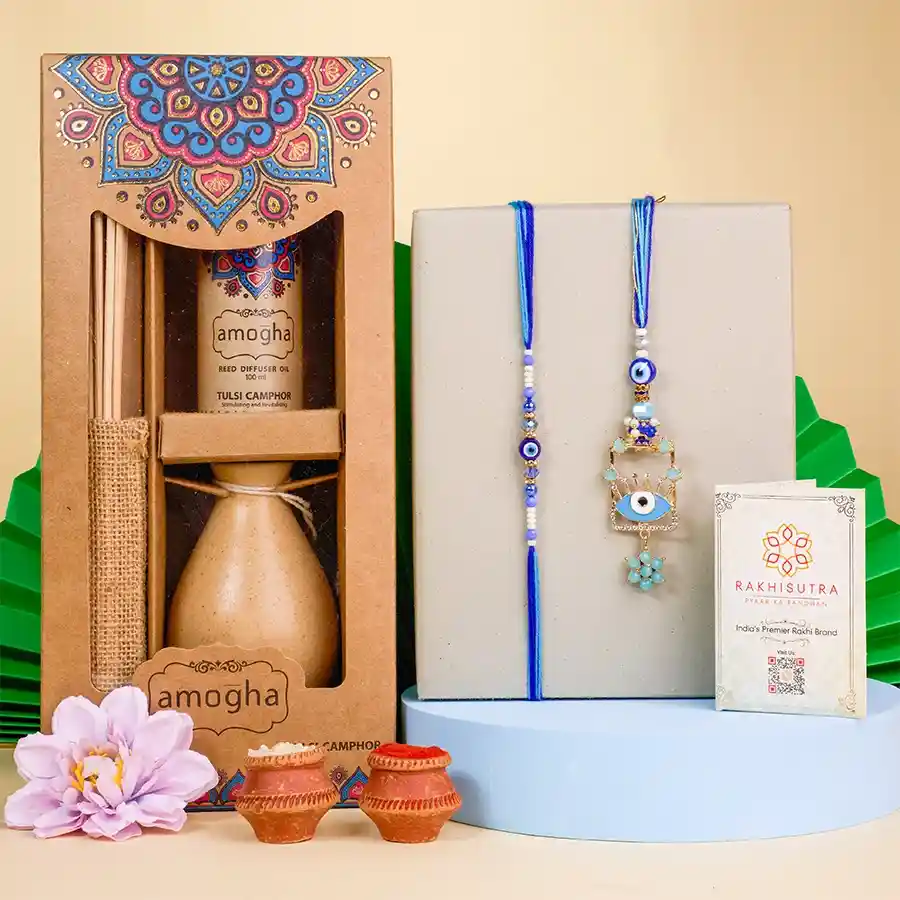 Premium Evil Eye Rakhi N Reed Diffuser Combo