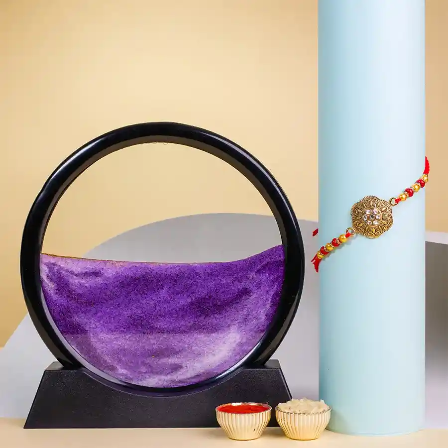 Designer Kundan Rakhi N Moving Sand Art Showpiece Combo